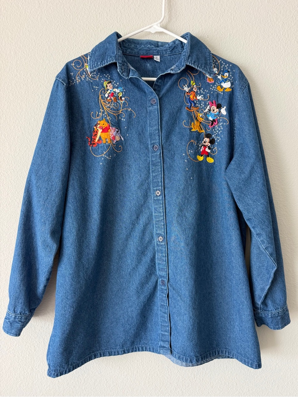 Vintage Disney Denim Shirt 1X Womens Mickey Minnie Princesses Embroidered